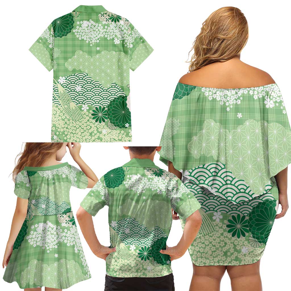 Green Palaka Japanese Patterns Family Matching Off Shoulder Short Dress and Hawaiian Shirt Asanoha Seigaiha Sakura Motif LT14 - Polynesian Pride