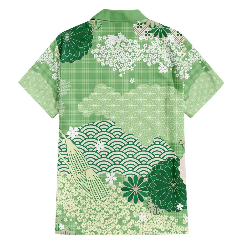 Green Palaka Japanese Patterns Family Matching Off Shoulder Short Dress and Hawaiian Shirt Asanoha Seigaiha Sakura Motif LT14 - Polynesian Pride