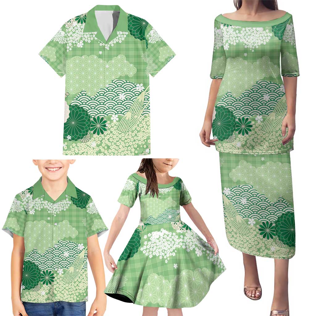 Green Palaka Japanese Patterns Family Matching Puletasi and Hawaiian Shirt Asanoha Seigaiha Sakura Motif LT14 - Polynesian Pride