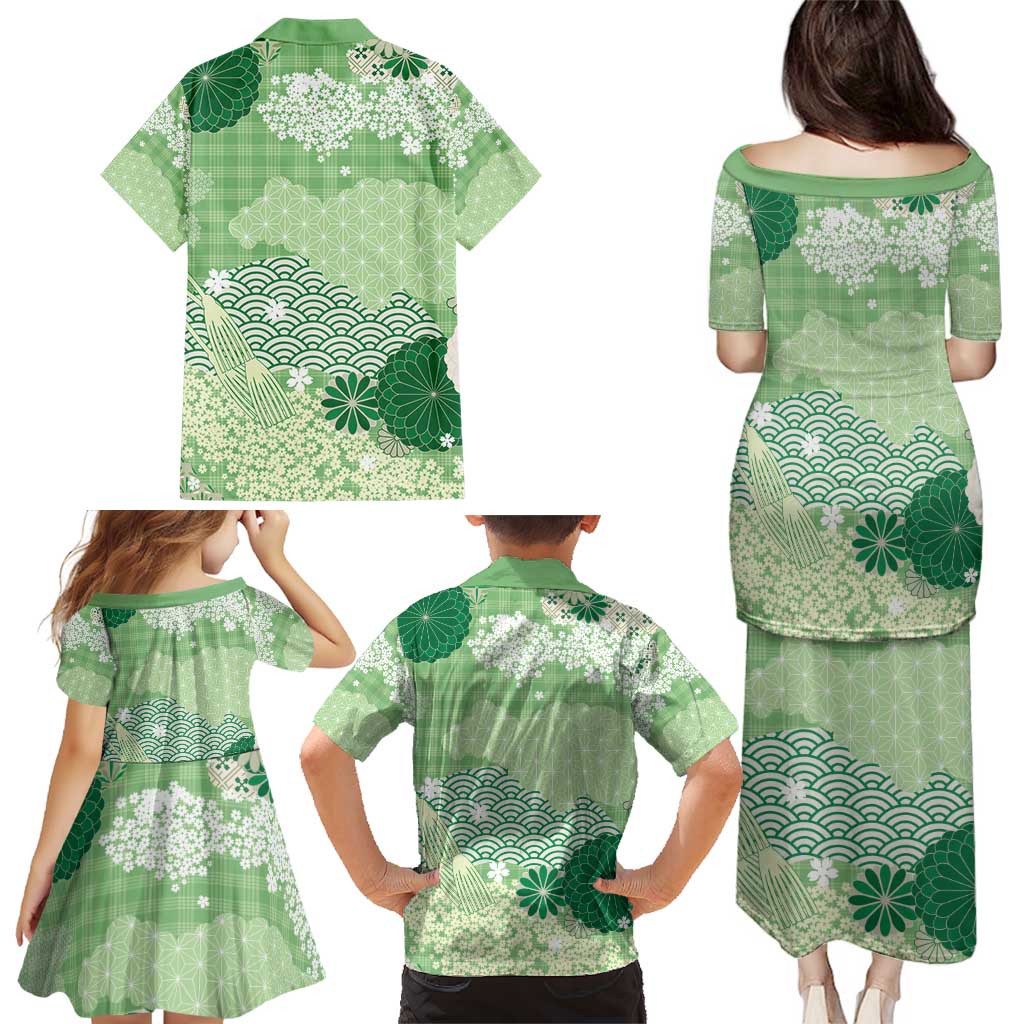 Green Palaka Japanese Patterns Family Matching Puletasi and Hawaiian Shirt Asanoha Seigaiha Sakura Motif LT14 - Polynesian Pride