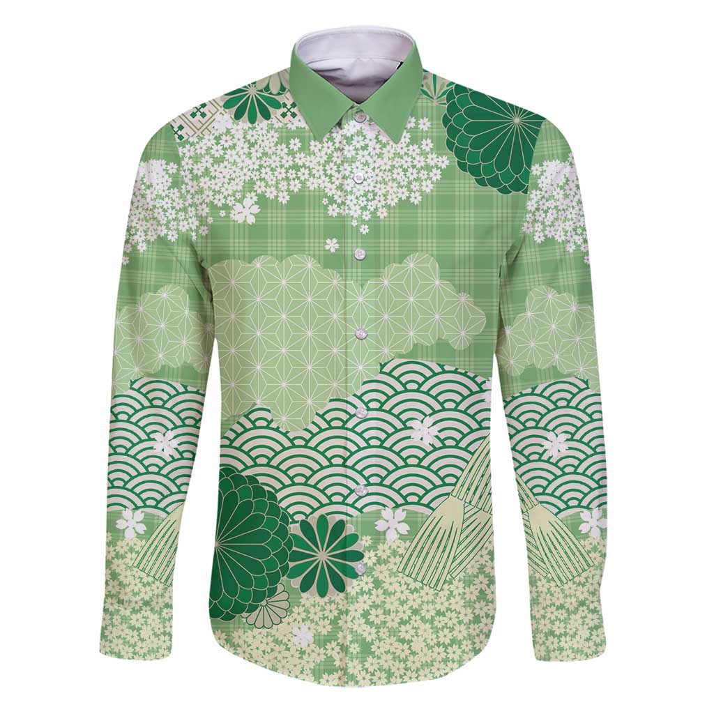 Green Palaka Japanese Patterns Family Matching Puletasi and Hawaiian Shirt Asanoha Seigaiha Sakura Motif LT14 Dad's Shirt - Long Sleeve Green - Polynesian Pride