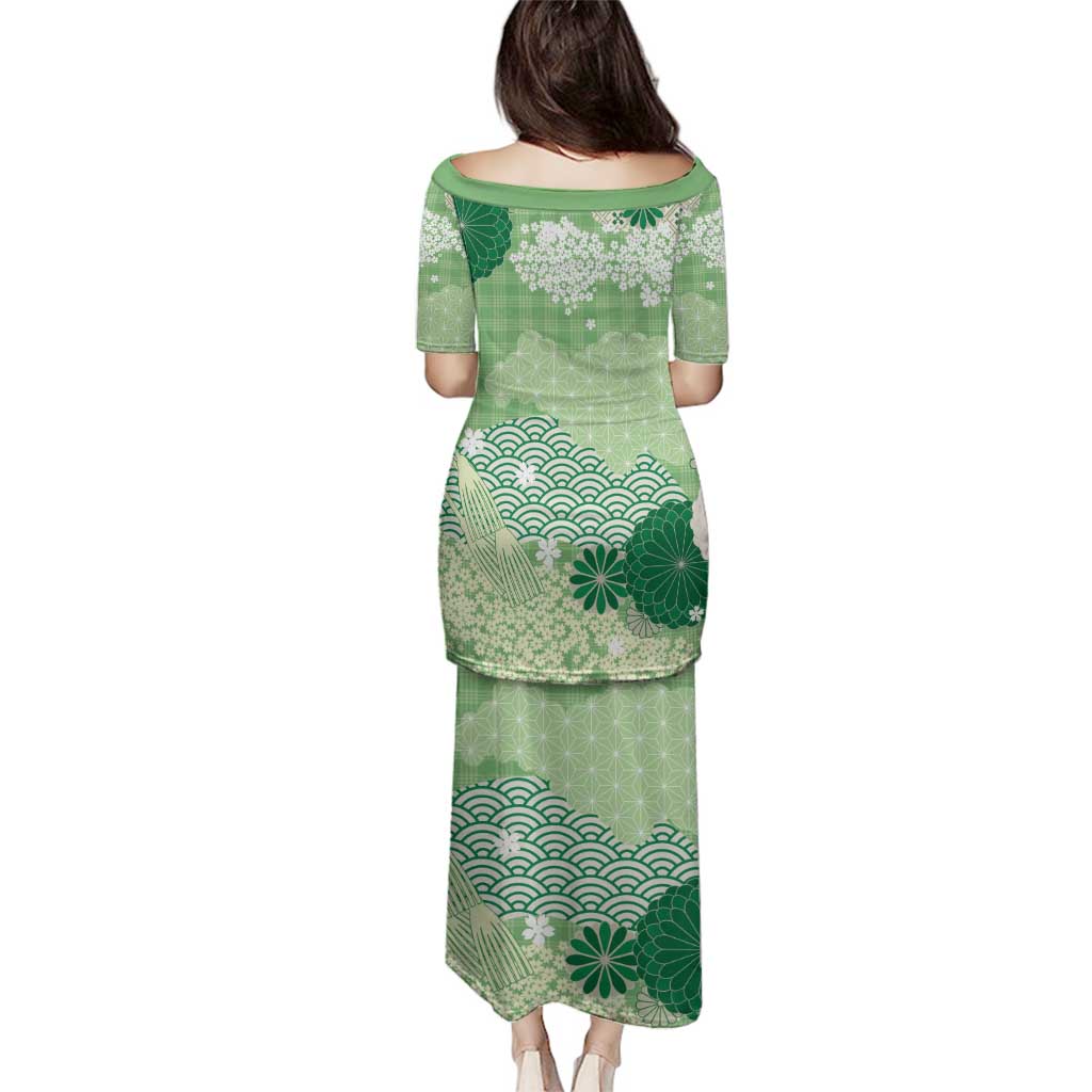 Green Palaka Japanese Patterns Family Matching Puletasi and Hawaiian Shirt Asanoha Seigaiha Sakura Motif LT14 - Polynesian Pride