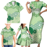 Green Palaka Japanese Patterns Family Matching Short Sleeve Bodycon Dress and Hawaiian Shirt Asanoha Seigaiha Sakura Motif LT14 - Polynesian Pride