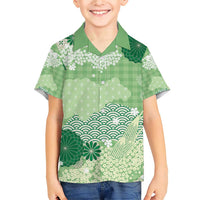 Green Palaka Japanese Patterns Family Matching Short Sleeve Bodycon Dress and Hawaiian Shirt Asanoha Seigaiha Sakura Motif LT14 Son's Shirt Green - Polynesian Pride
