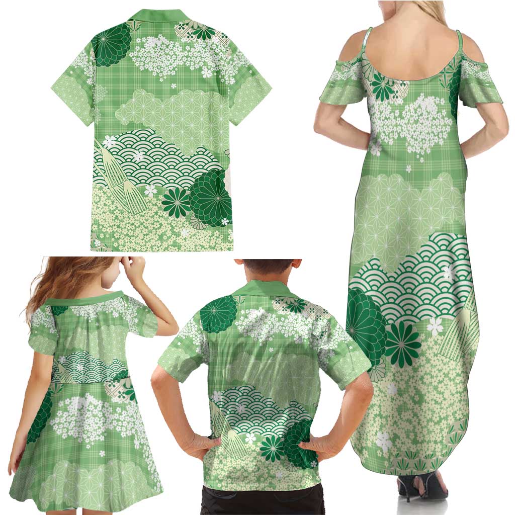 Green Palaka Japanese Patterns Family Matching Summer Maxi Dress and Hawaiian Shirt Asanoha Seigaiha Sakura Motif LT14 - Polynesian Pride