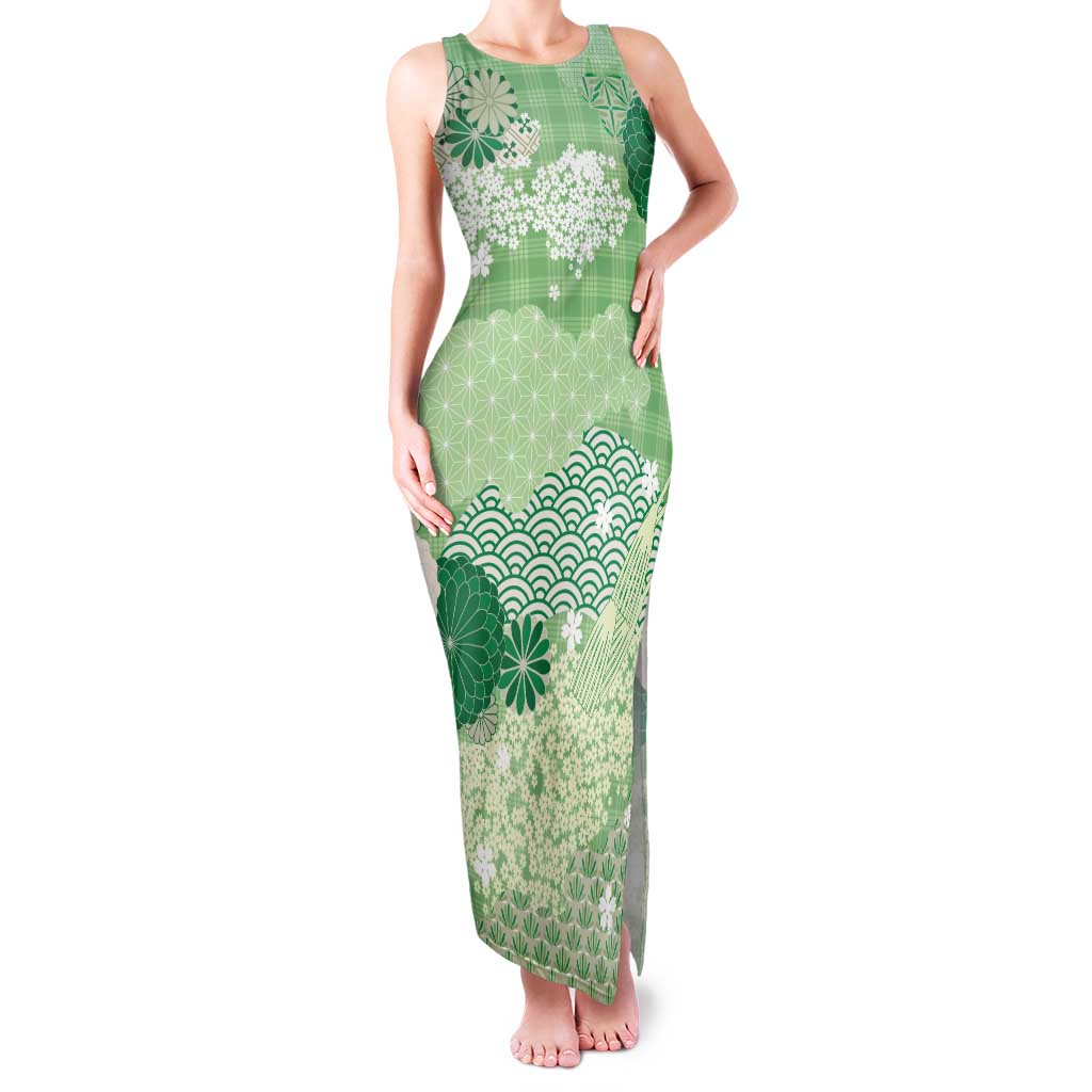 Green Palaka Japanese Patterns Family Matching Tank Maxi Dress and Hawaiian Shirt Asanoha Seigaiha Sakura Motif LT14 Mom's Dress Green - Polynesian Pride