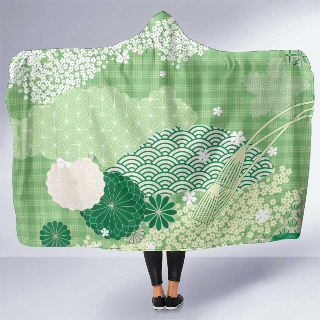 Green Palaka Japanese Patterns Hooded Blanket Asanoha Seigaiha Sakura Motif LT14 One Size Green - Polynesian Pride