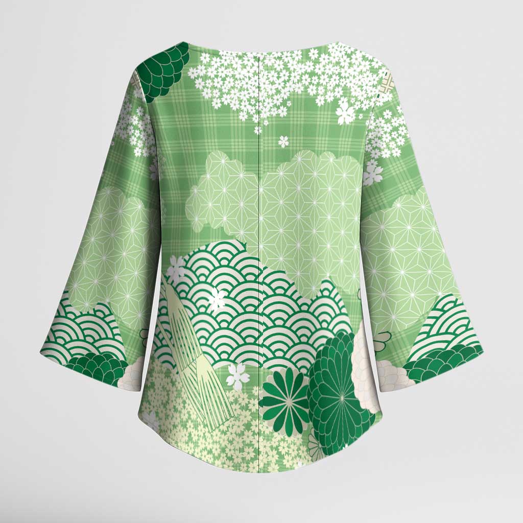 Green Palaka Japanese Patterns Kimono Sleeve Blouse Asanoha Seigaiha Sakura Motif LT14 - Polynesian Pride