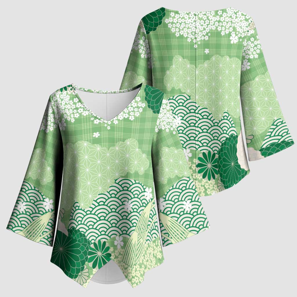 Green Palaka Japanese Patterns Kimono Sleeve Blouse Asanoha Seigaiha Sakura Motif LT14 - Polynesian Pride