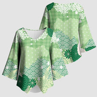 Green Palaka Japanese Patterns Kimono Sleeve Blouse Asanoha Seigaiha Sakura Motif LT14 - Polynesian Pride