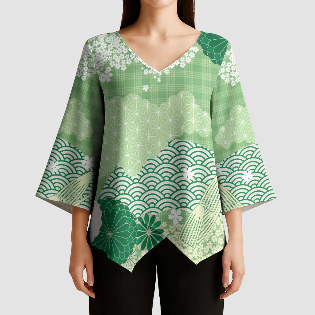 Green Palaka Japanese Patterns Kimono Sleeve Blouse Asanoha Seigaiha Sakura Motif LT14 - Polynesian Pride