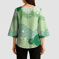 Green Palaka Japanese Patterns Kimono Sleeve Blouse Asanoha Seigaiha Sakura Motif LT14 - Polynesian Pride