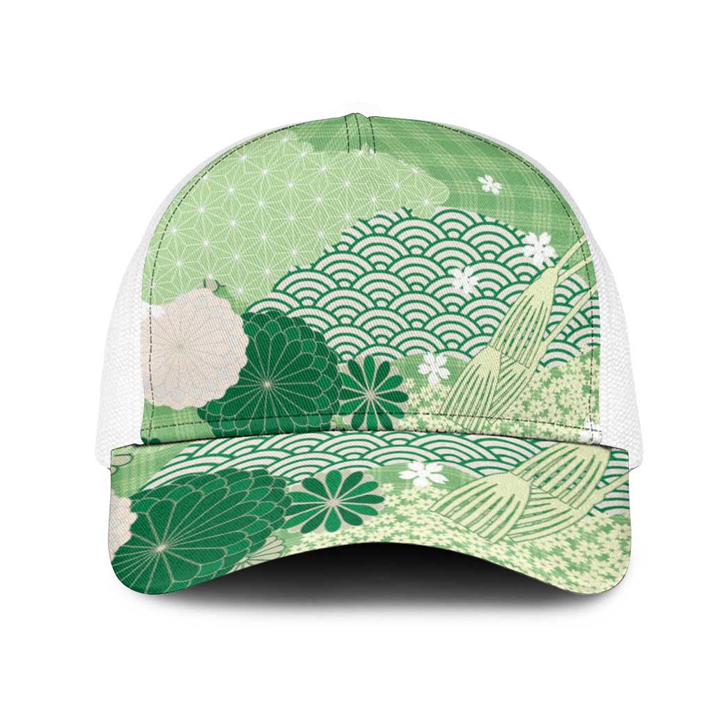 Green Japanese Traditional Motifs Mesh Trucker Cap Palaka With Asanoha Seigaiha Sakura - Polynesian Pride