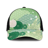 Green Japanese Traditional Motifs Mesh Trucker Cap Palaka With Asanoha Seigaiha Sakura - Polynesian Pride