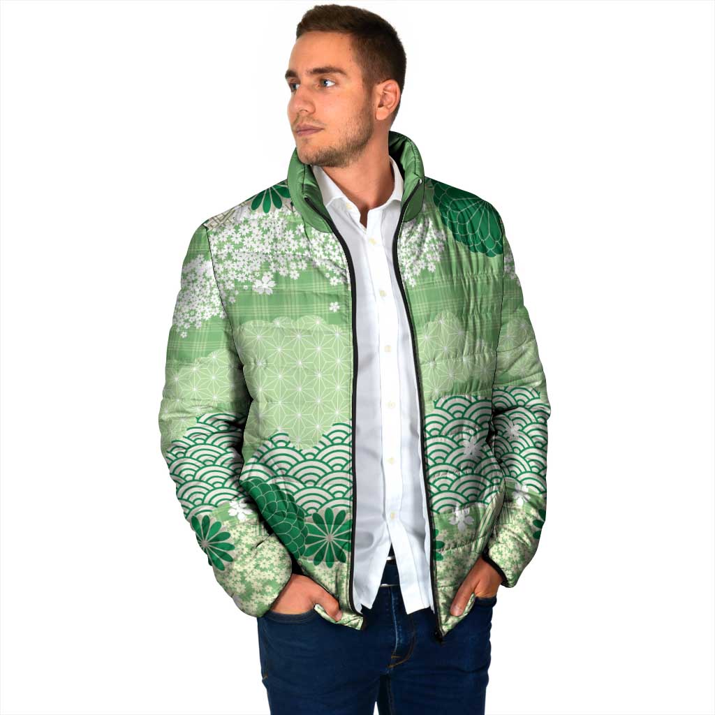 Green Palaka Japanese Patterns Padded Jacket Asanoha Seigaiha Sakura Motif - Polynesian Pride
