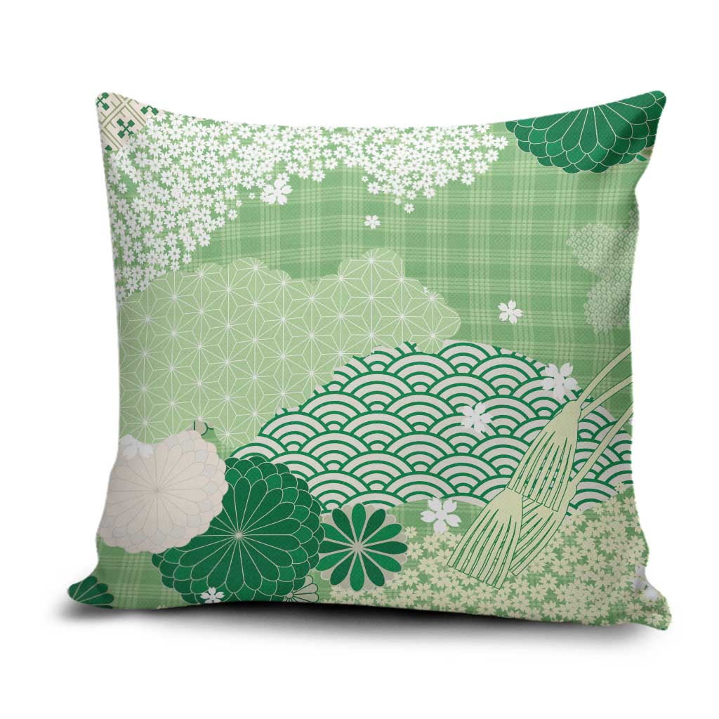 Green Palaka Japanese Patterns Pillow Cover Asanoha Seigaiha Sakura Motif LT14 Green - Polynesian Pride