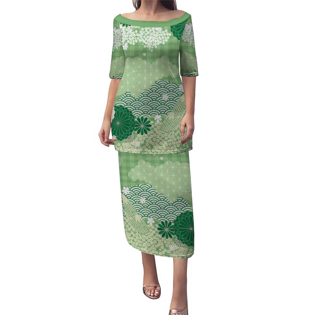 Green Palaka Japanese Patterns Puletasi Asanoha Seigaiha Sakura Motif - Polynesian Pride