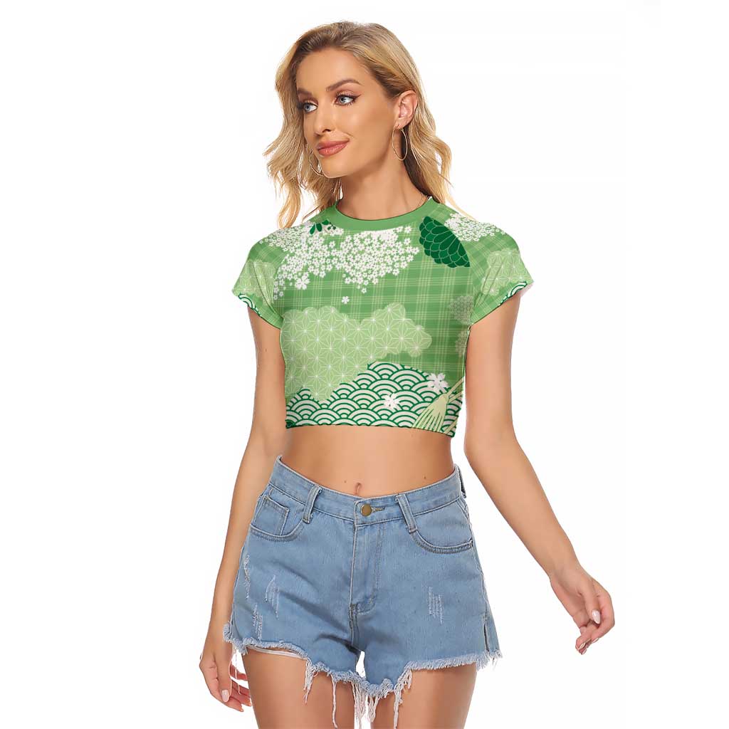 Green Palaka Japanese Patterns Raglan Cropped T Shirt Asanoha Seigaiha Sakura Motif - Polynesian Pride