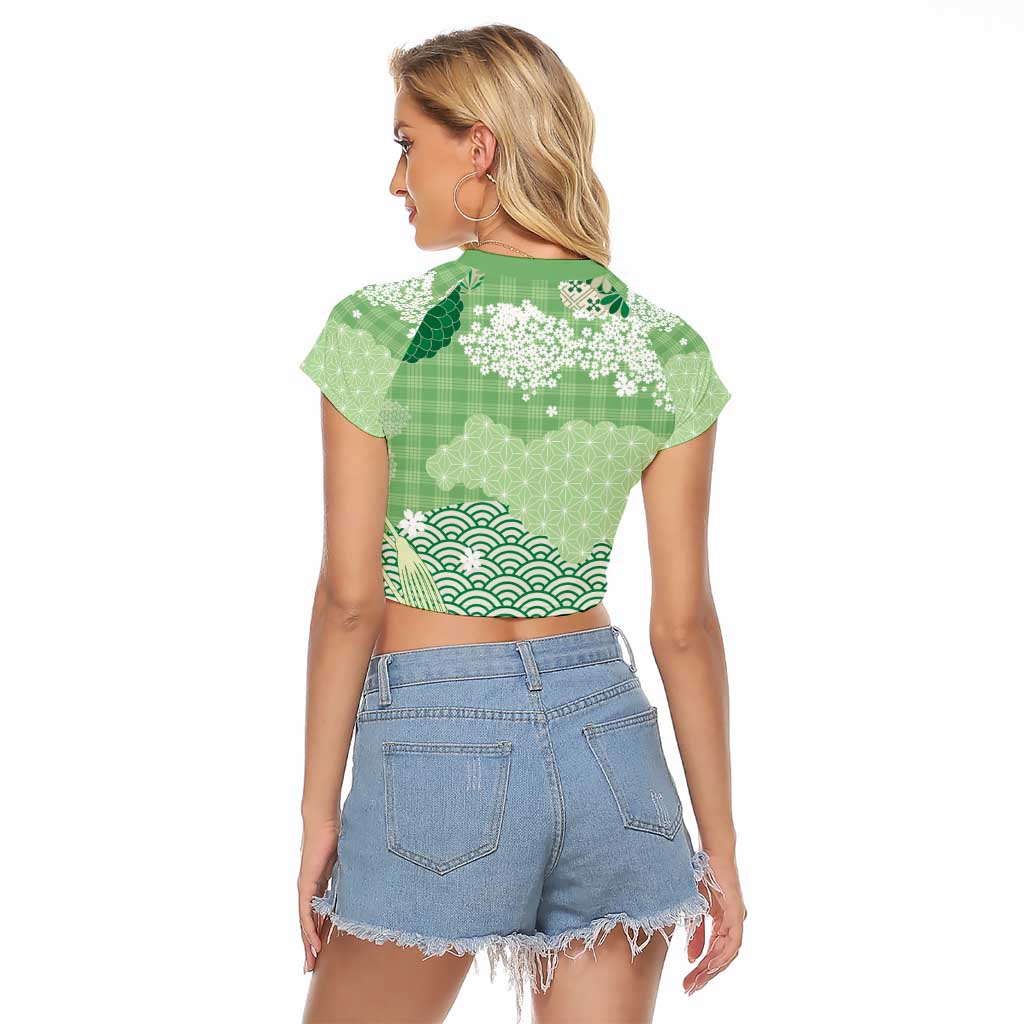 Green Palaka Japanese Patterns Raglan Cropped T Shirt Asanoha Seigaiha Sakura Motif - Polynesian Pride
