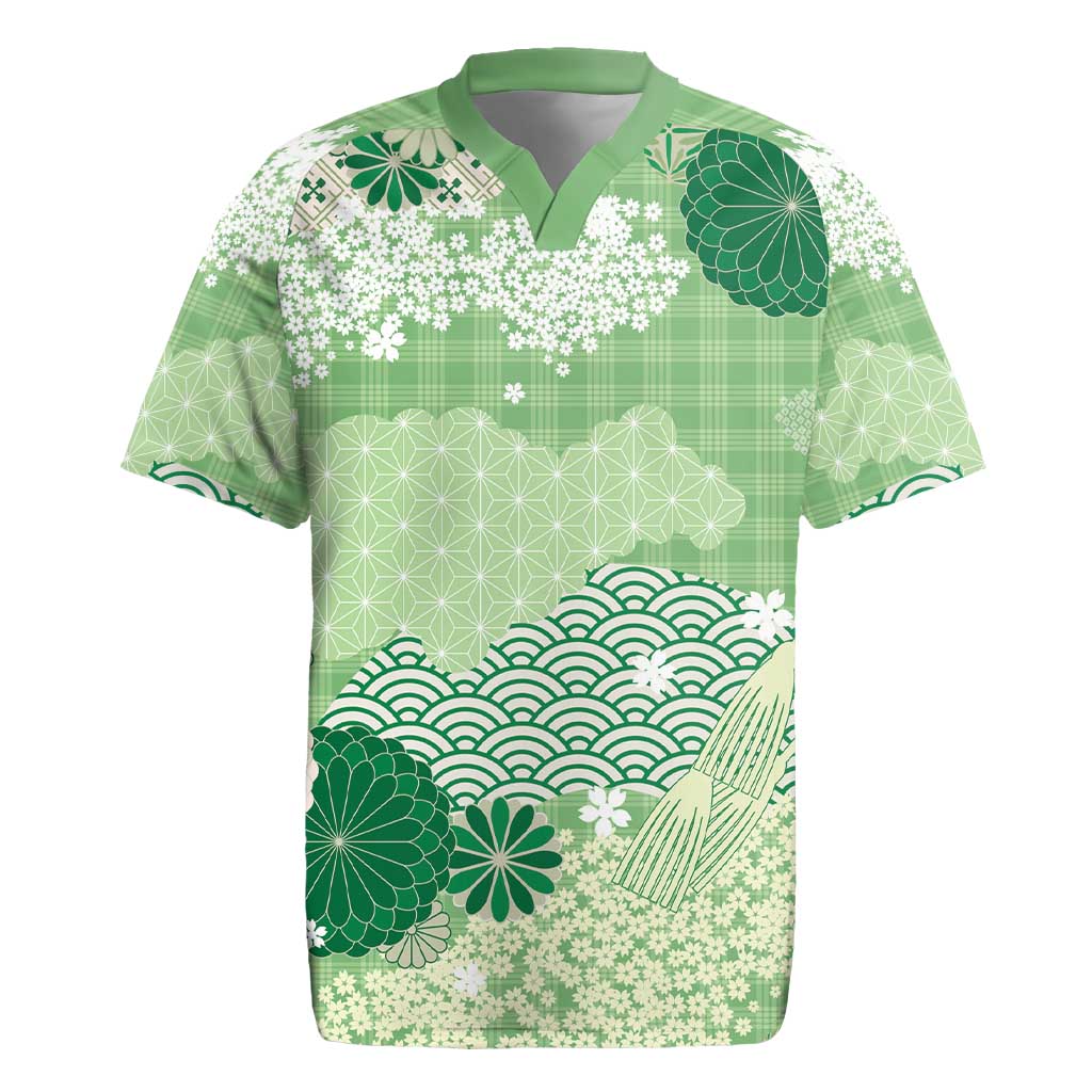 Green Palaka Japanese Patterns Rugby Jersey Asanoha Seigaiha Sakura Motif LT14 Green - Polynesian Pride
