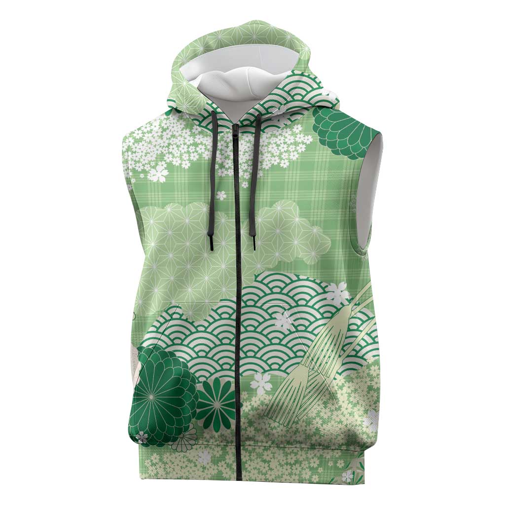 Green Palaka Japanese Patterns Sleeveless Zip Hoodie Asanoha Seigaiha Sakura Motif LT14 Green - Polynesian Pride