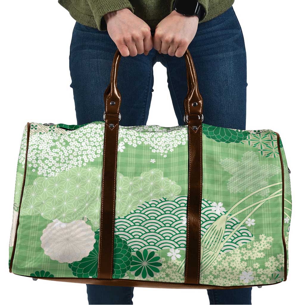 Green Palaka Japanese Patterns Travel Bag Asanoha Seigaiha Sakura Motif - Polynesian Pride
