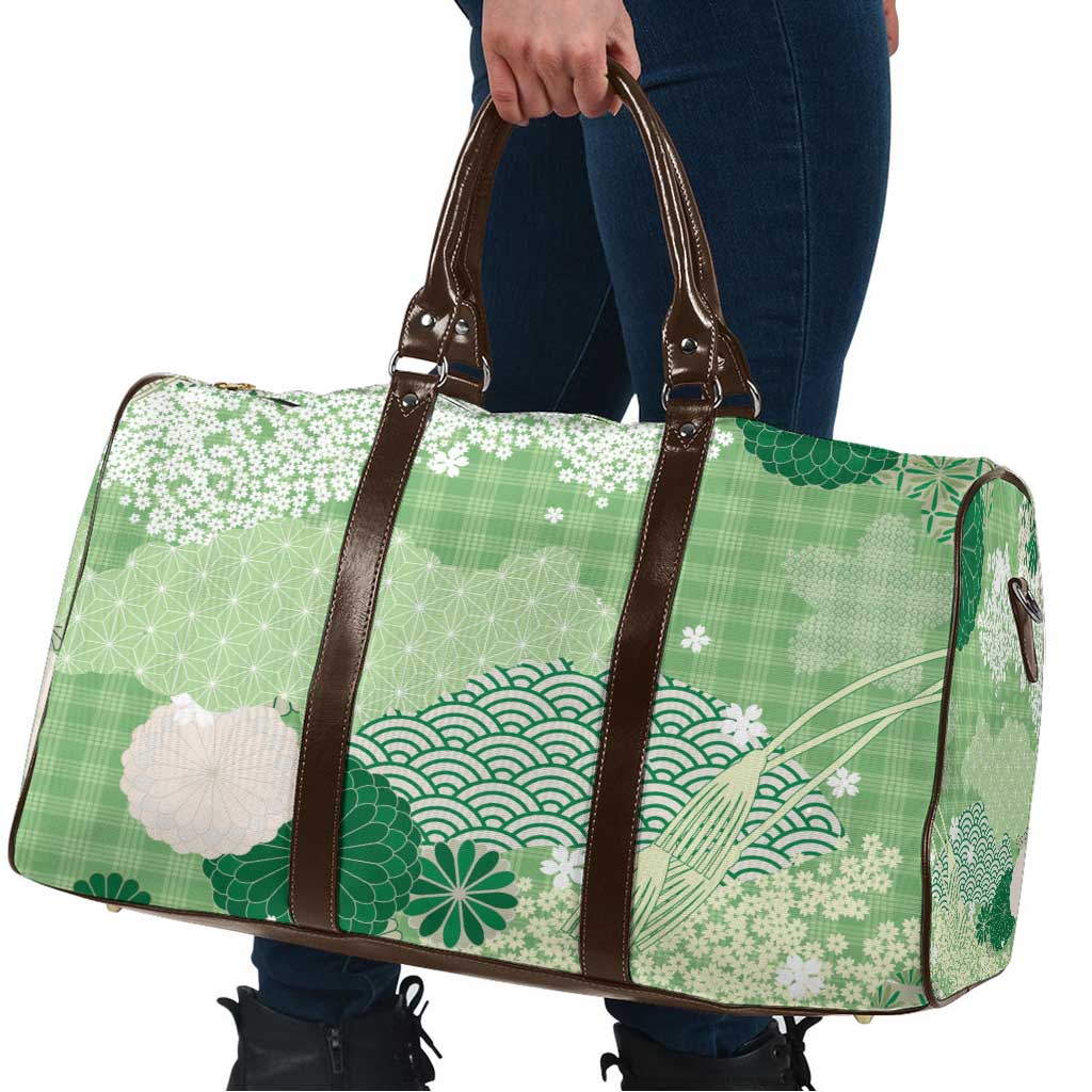 Green Palaka Japanese Patterns Travel Bag Asanoha Seigaiha Sakura Motif LT14 - Polynesian Pride