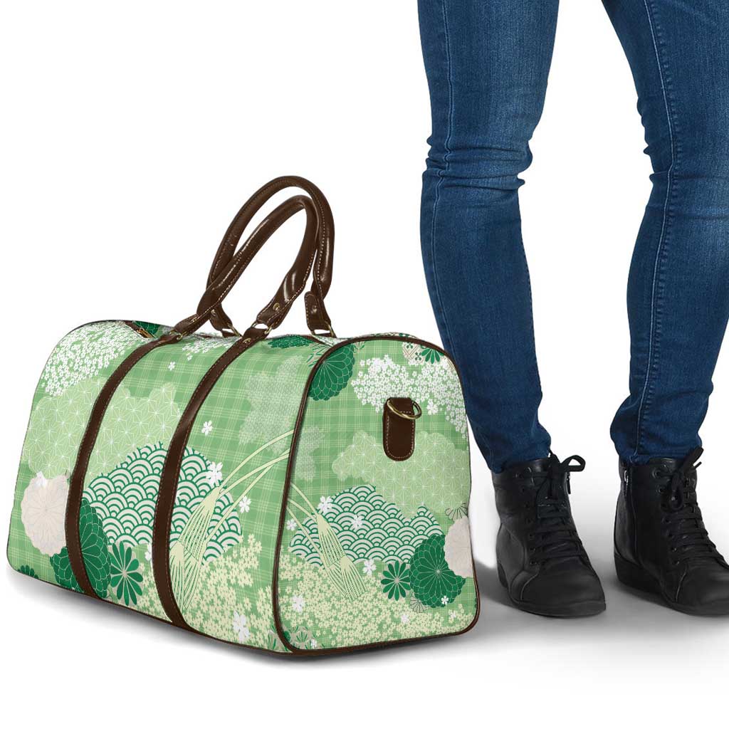 Green Palaka Japanese Patterns Travel Bag Asanoha Seigaiha Sakura Motif LT14 - Polynesian Pride