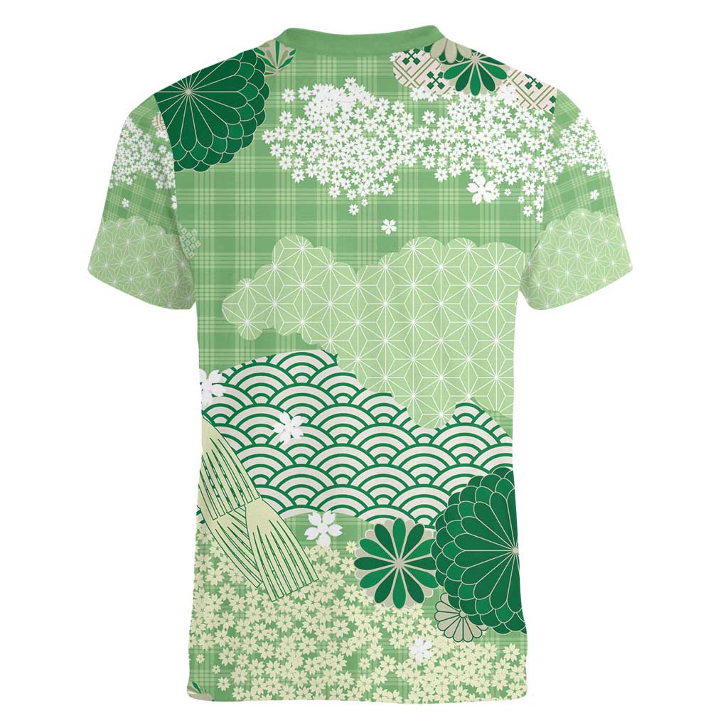 Green Palaka Japanese Patterns Women V-Neck T-Shirt Asanoha Seigaiha Sakura Motif - Polynesian Pride