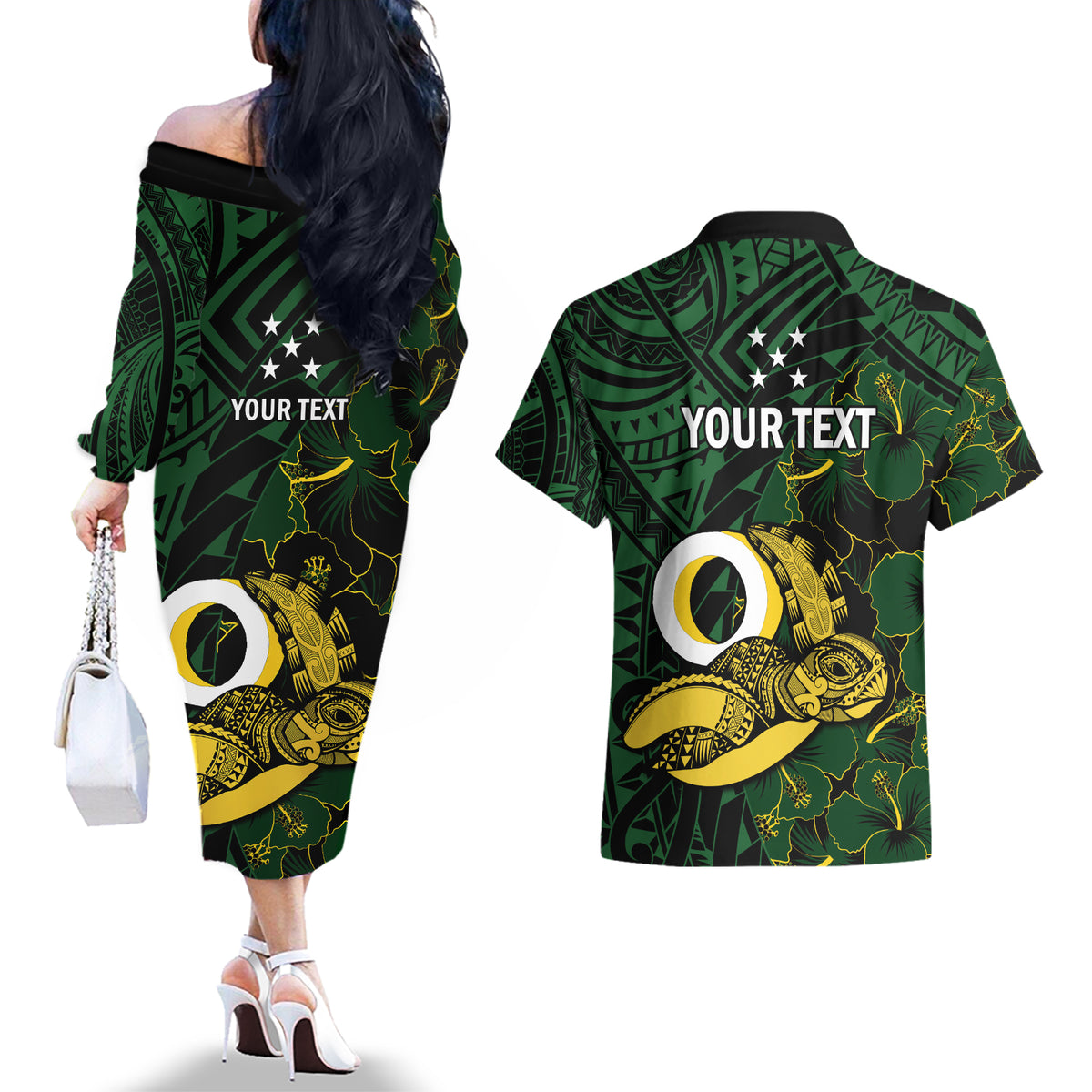 Personalised Solomon Islands Western Province Day Couples Matching Off The Shoulder Long Sleeve Dress and Hawaiian Shirt Sea Turtle Mix Polynesian Hibiscus Pattern LT14 - Polynesian Pride