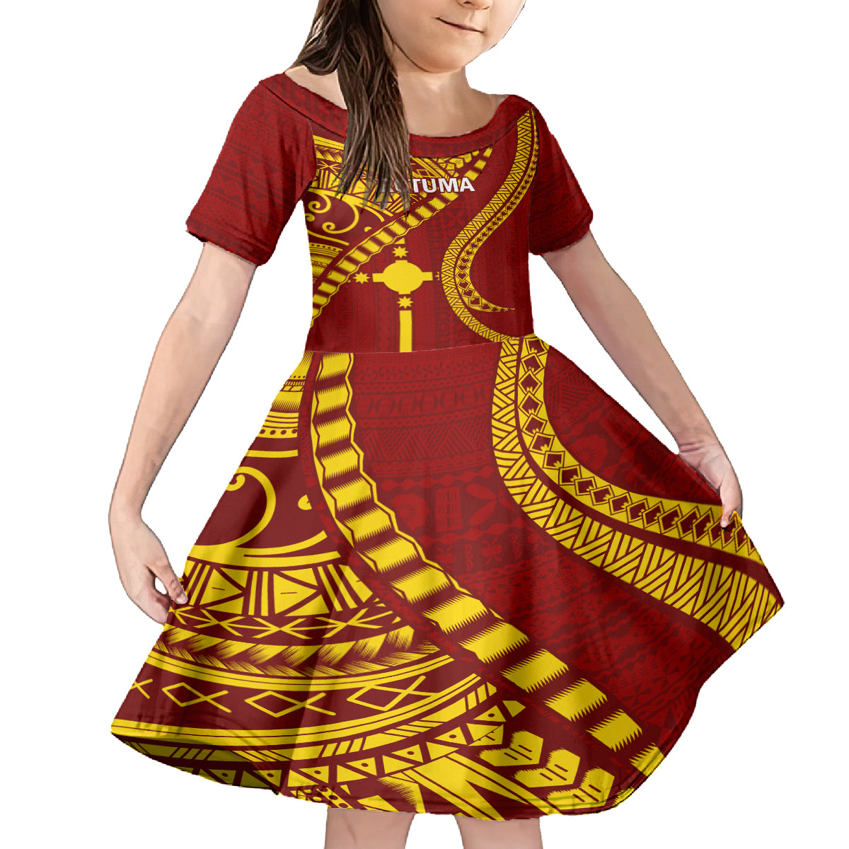 Personalised Fiji Rotuma Family Matching Tank Maxi Dress and Hawaiian Shirt Fijian Tapa Pattern LT14 Daughter's Dress Maroon - Polynesian Pride