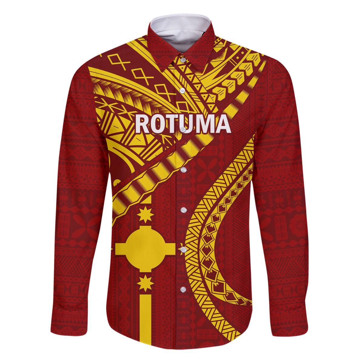 Personalised Fiji Rotuma Family Matching Tank Maxi Dress and Hawaiian Shirt Fijian Tapa Pattern LT14 Dad's Shirt - Long Sleeve Maroon - Polynesian Pride