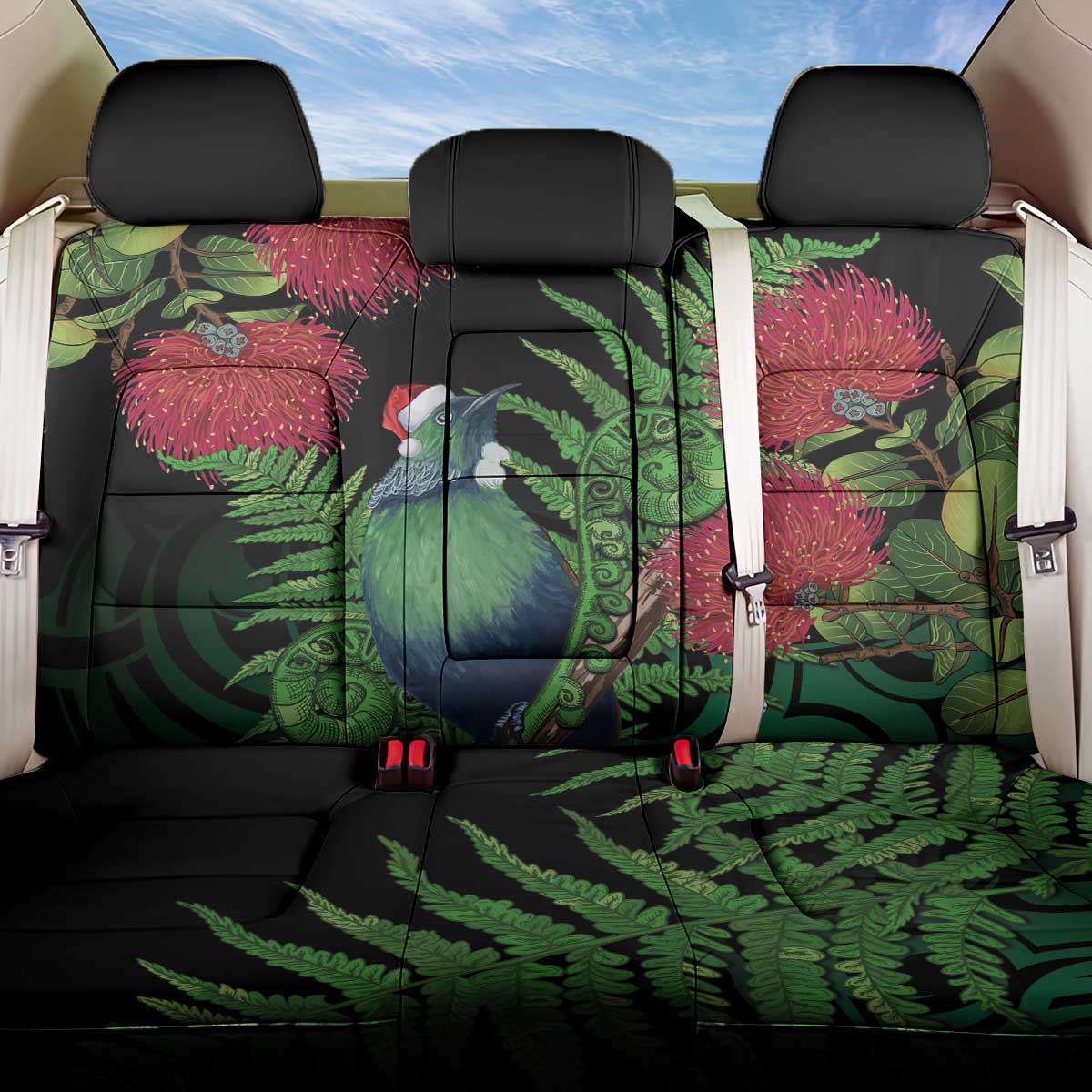 New Zealand Tui Bird Christmas Back Car Seat Cover Maori Fern Mix Pohotukawa LT14 One Size Black - Polynesian Pride