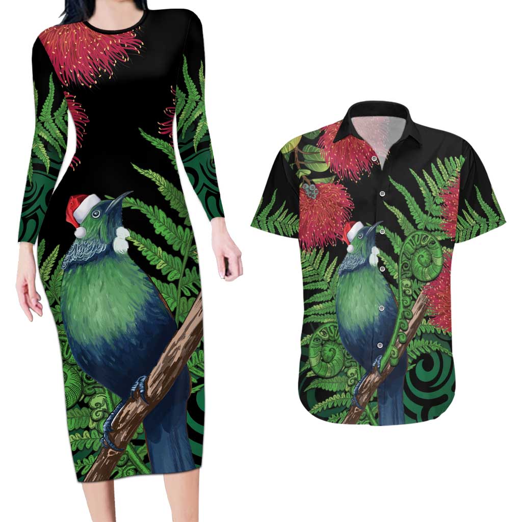 New Zealand Tui Bird Christmas Couples Matching Long Sleeve Bodycon Dress and Hawaiian Shirt Maori Fern Mix Pohotukawa LT14 Black - Polynesian Pride