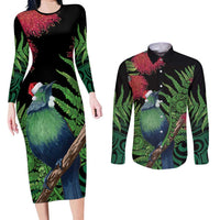 New Zealand Tui Bird Christmas Couples Matching Long Sleeve Bodycon Dress and Long Sleeve Button Shirt Maori Fern Mix Pohotukawa LT14 Black - Polynesian Pride