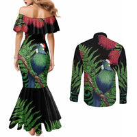 New Zealand Tui Bird Christmas Couples Matching Mermaid Dress and Long Sleeve Button Shirt Maori Fern Mix Pohotukawa LT14 - Polynesian Pride
