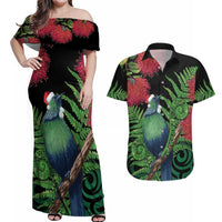 New Zealand Tui Bird Christmas Couples Matching Off Shoulder Maxi Dress and Hawaiian Shirt Maori Fern Mix Pohotukawa LT14 Black - Polynesian Pride