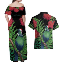 New Zealand Tui Bird Christmas Couples Matching Off Shoulder Maxi Dress and Hawaiian Shirt Maori Fern Mix Pohotukawa LT14 - Polynesian Pride