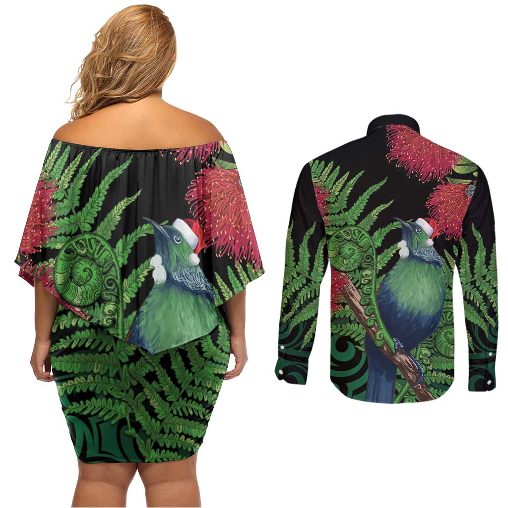 New Zealand Tui Bird Christmas Couples Matching Off Shoulder Short Dress and Long Sleeve Button Shirt Maori Fern Mix Pohotukawa LT14 - Polynesian Pride