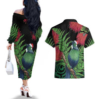 New Zealand Tui Bird Christmas Couples Matching Off The Shoulder Long Sleeve Dress and Hawaiian Shirt Maori Fern Mix Pohotukawa LT14 - Polynesian Pride