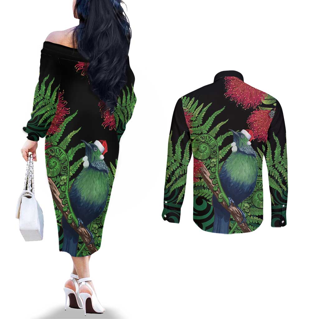 New Zealand Tui Bird Christmas Couples Matching Off The Shoulder Long Sleeve Dress and Long Sleeve Button Shirt Maori Fern Mix Pohotukawa LT14 - Polynesian Pride