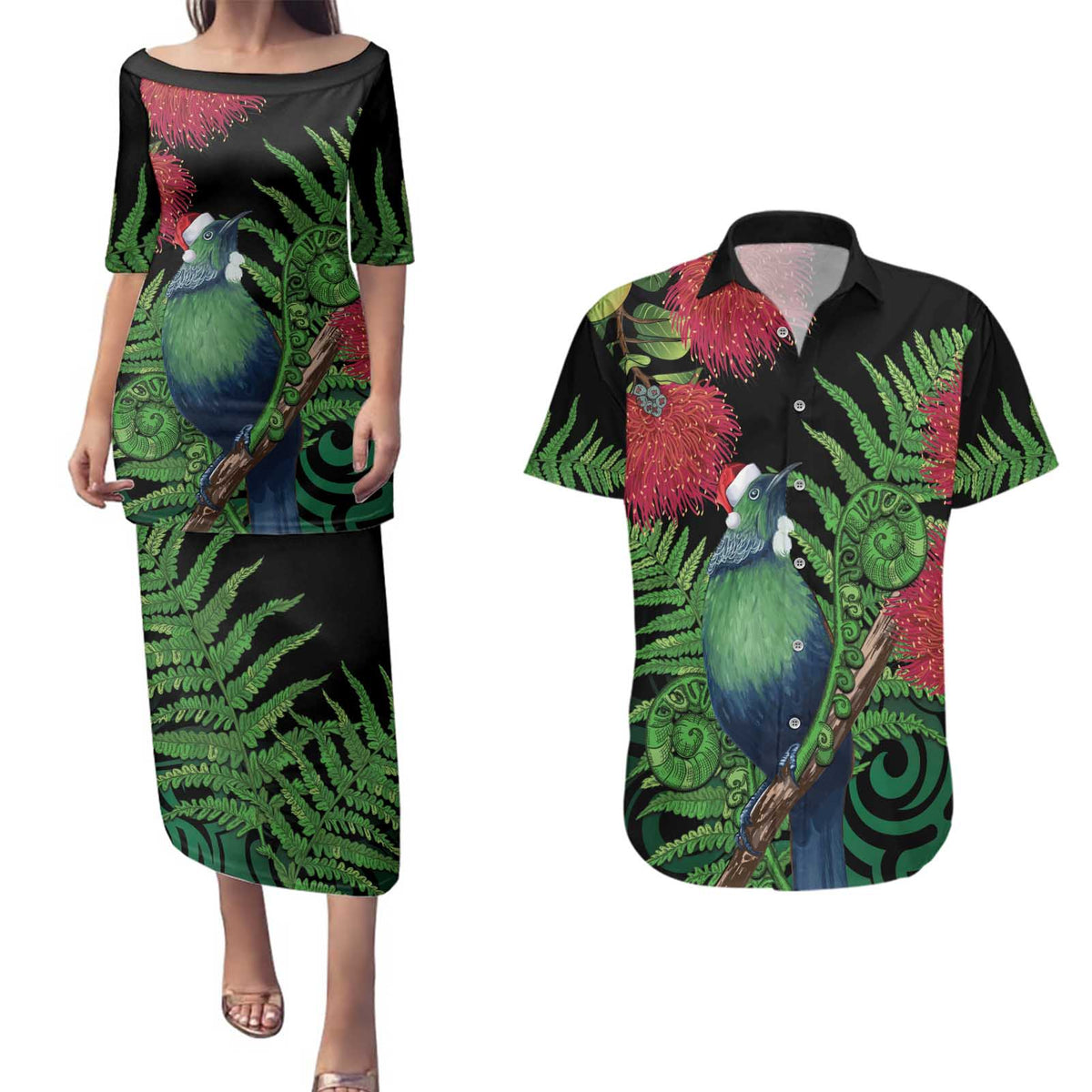 New Zealand Tui Bird Christmas Couples Matching Puletasi and Hawaiian Shirt Maori Fern Mix Pohotukawa LT14 Black - Polynesian Pride