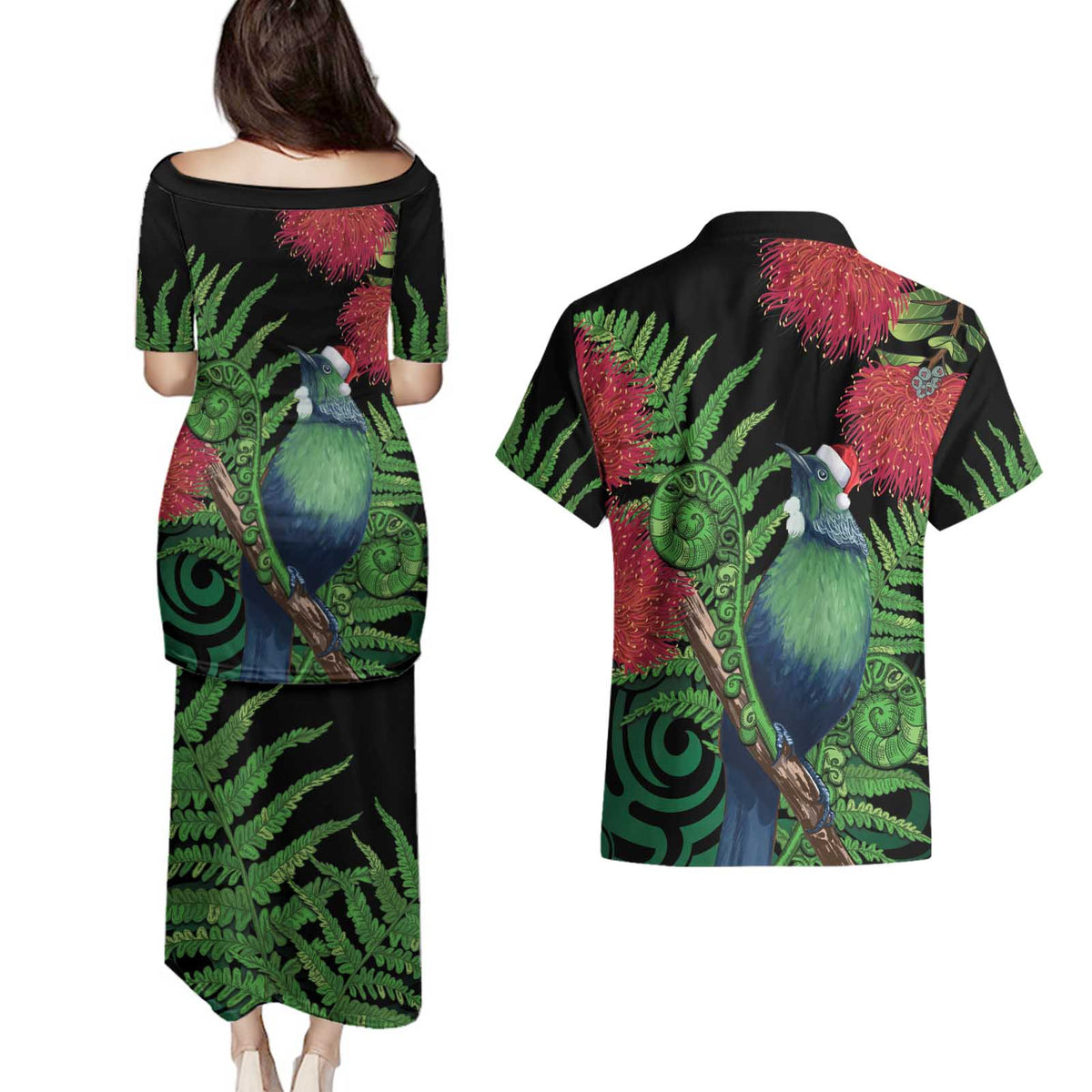 New Zealand Tui Bird Christmas Couples Matching Puletasi and Hawaiian Shirt Maori Fern Mix Pohotukawa LT14 - Polynesian Pride