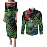 New Zealand Tui Bird Christmas Couples Matching Puletasi and Long Sleeve Button Shirt Maori Fern Mix Pohotukawa LT14 Black - Polynesian Pride
