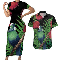 New Zealand Tui Bird Christmas Couples Matching Short Sleeve Bodycon Dress and Hawaiian Shirt Maori Fern Mix Pohotukawa LT14 Black - Polynesian Pride