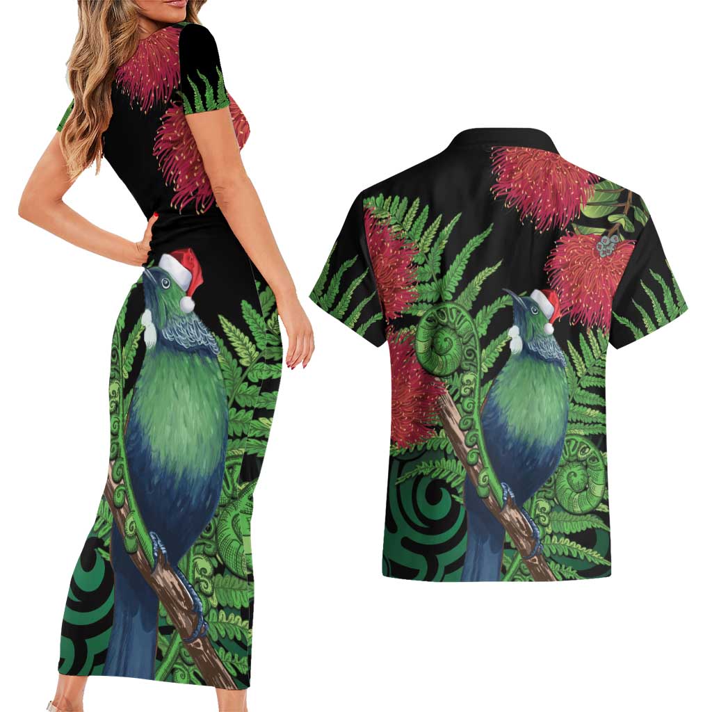 New Zealand Tui Bird Christmas Couples Matching Short Sleeve Bodycon Dress and Hawaiian Shirt Maori Fern Mix Pohotukawa LT14 - Polynesian Pride