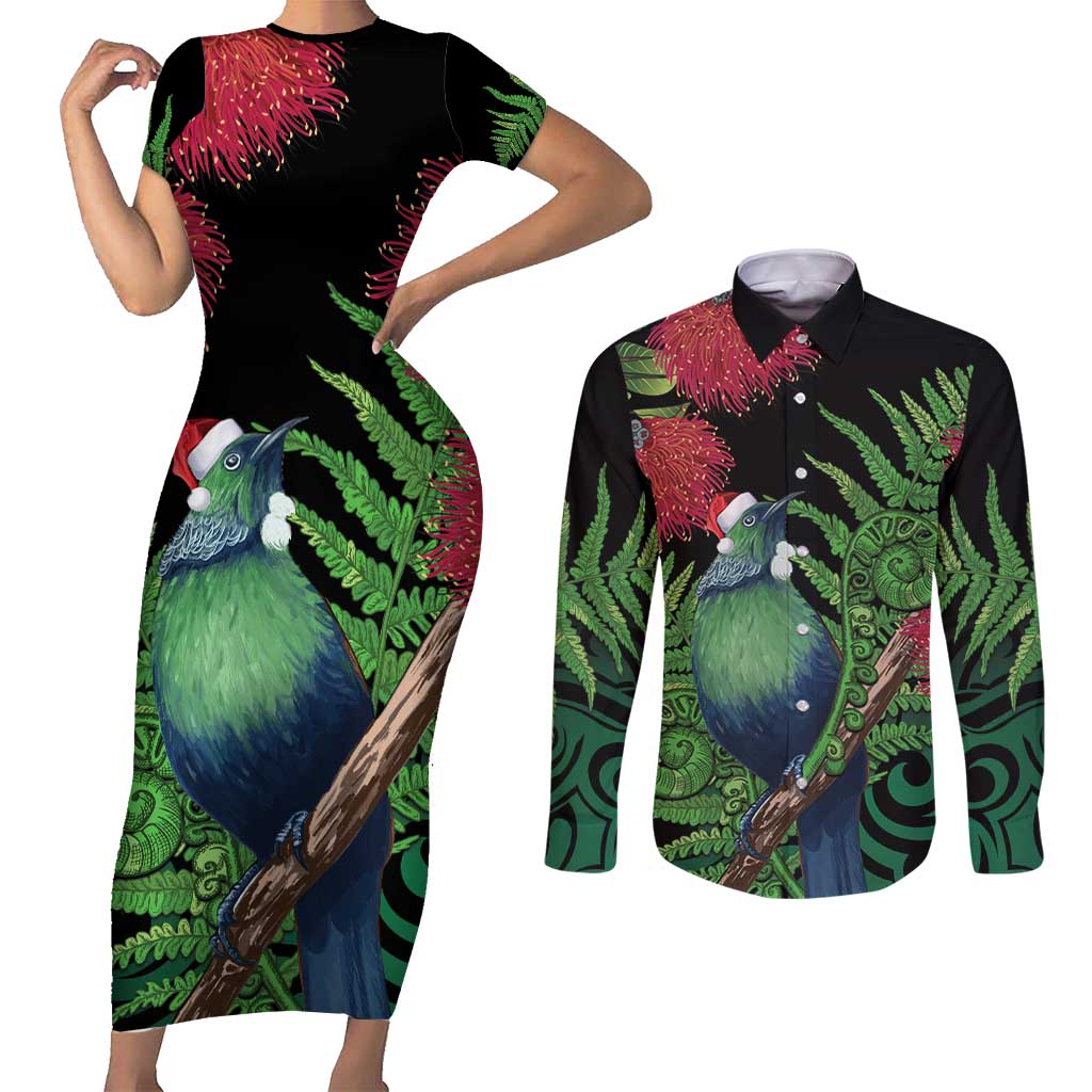 New Zealand Tui Bird Christmas Couples Matching Short Sleeve Bodycon Dress and Long Sleeve Button Shirt Maori Fern Mix Pohotukawa LT14 Black - Polynesian Pride