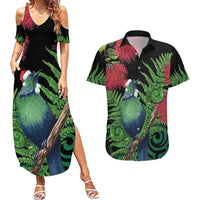 New Zealand Tui Bird Christmas Couples Matching Summer Maxi Dress and Hawaiian Shirt Maori Fern Mix Pohotukawa LT14 Black - Polynesian Pride