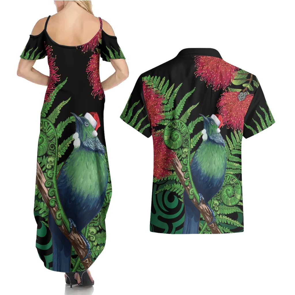 New Zealand Tui Bird Christmas Couples Matching Summer Maxi Dress and Hawaiian Shirt Maori Fern Mix Pohotukawa LT14 - Polynesian Pride