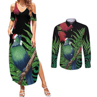 New Zealand Tui Bird Christmas Couples Matching Summer Maxi Dress and Long Sleeve Button Shirt Maori Fern Mix Pohotukawa LT14 Black - Polynesian Pride